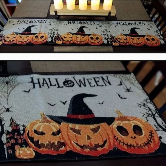 Halloween Spooky Jack O Lantern 54" Tapestry Table Runner NWOT - Picture 3 of 14